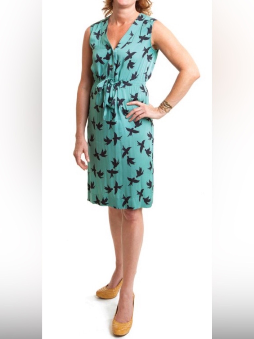 Fossil Teal Dress with Black Bird Print, Size XS